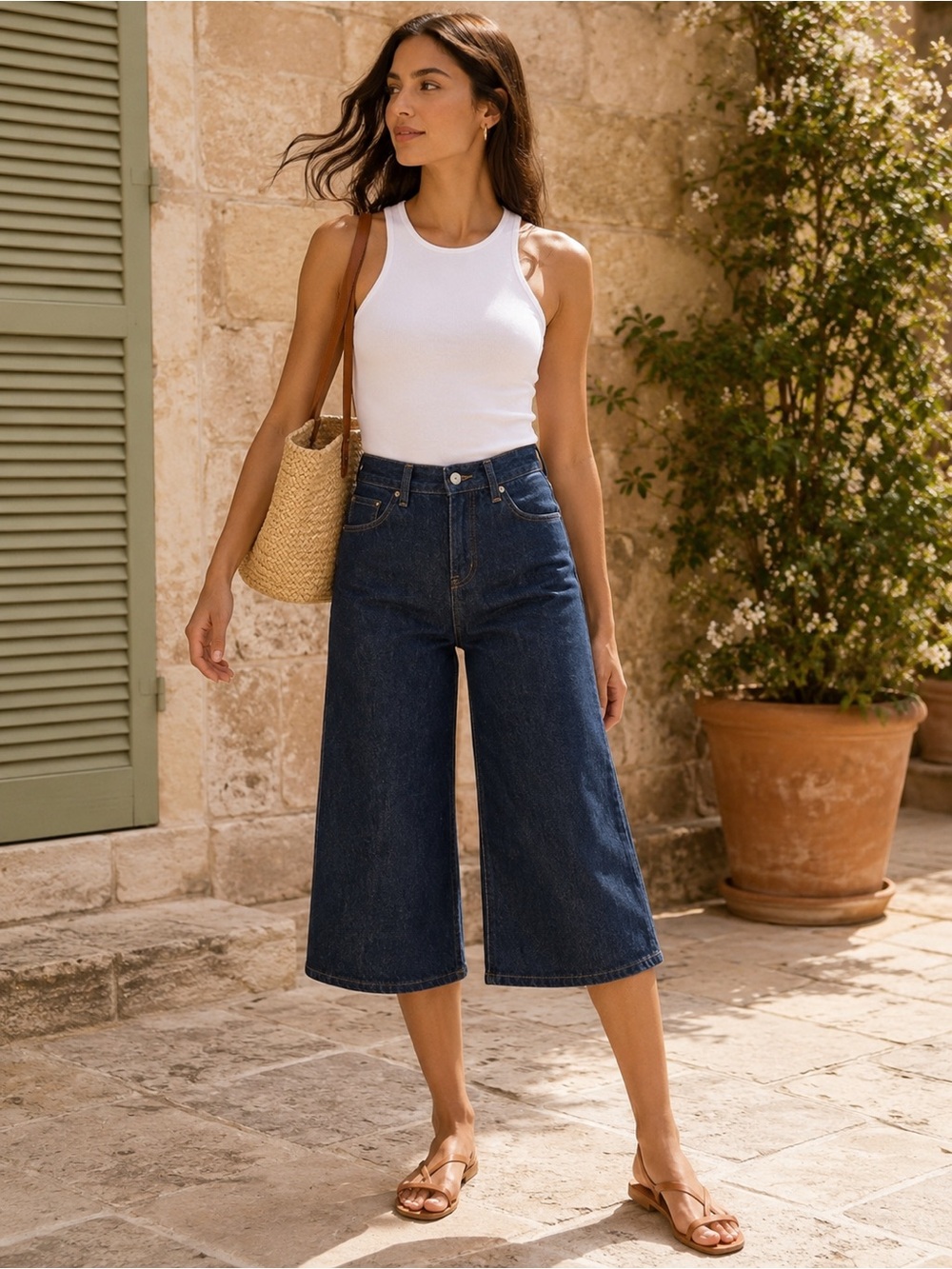 TeX By Max Azria Wide Leg Crop Culotte Jeans Blue Denim Size 29